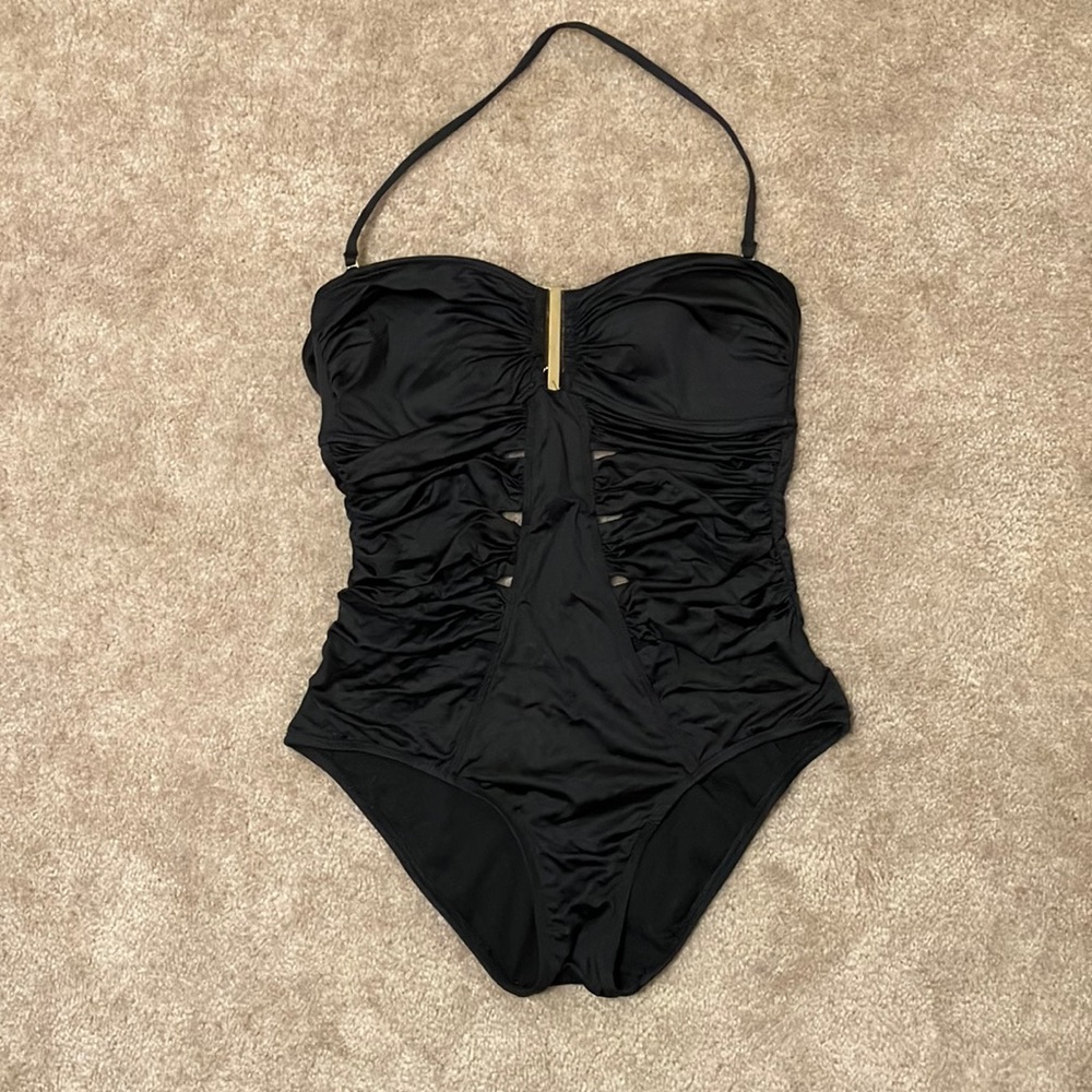 ANA One Piece Black Bathing Suit With Gold Hardware & Cut Outs